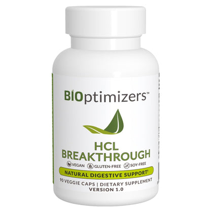 BIOptimizers HCL Breakthrough – Betain-Hydrochlorid-Enzym-Supplement – Unterstützt Proteinabbau und -aufnahme – Hilft bei Blähungen und Sodbrennen – 90 pepsinfreie Kapseln
