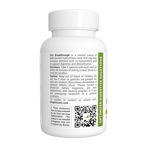 BIOptimizers HCL Breakthrough – Betain-Hydrochlorid-Enzym-Supplement – Unterstützt Proteinabbau und -aufnahme – Hilft bei Blähungen und Sodbrennen – 90 pepsinfreie Kapseln