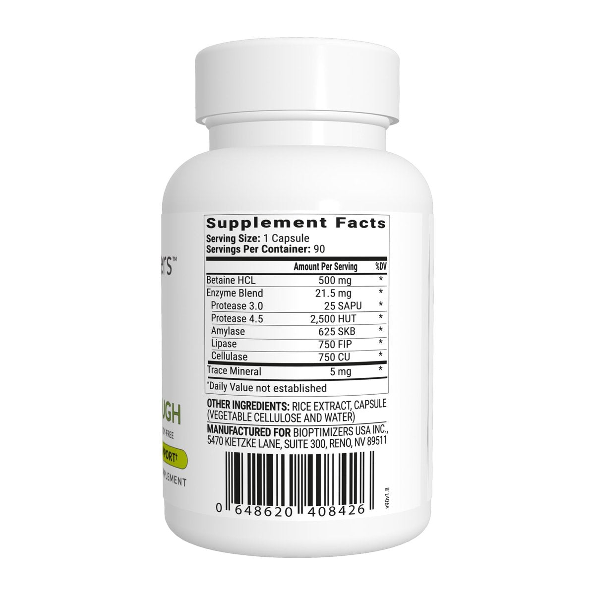 BIOptimizers HCL Breakthrough – Betain-Hydrochlorid-Enzym-Supplement – Unterstützt Proteinabbau und -aufnahme – Hilft bei Blähungen und Sodbrennen – 90 pepsinfreie Kapseln