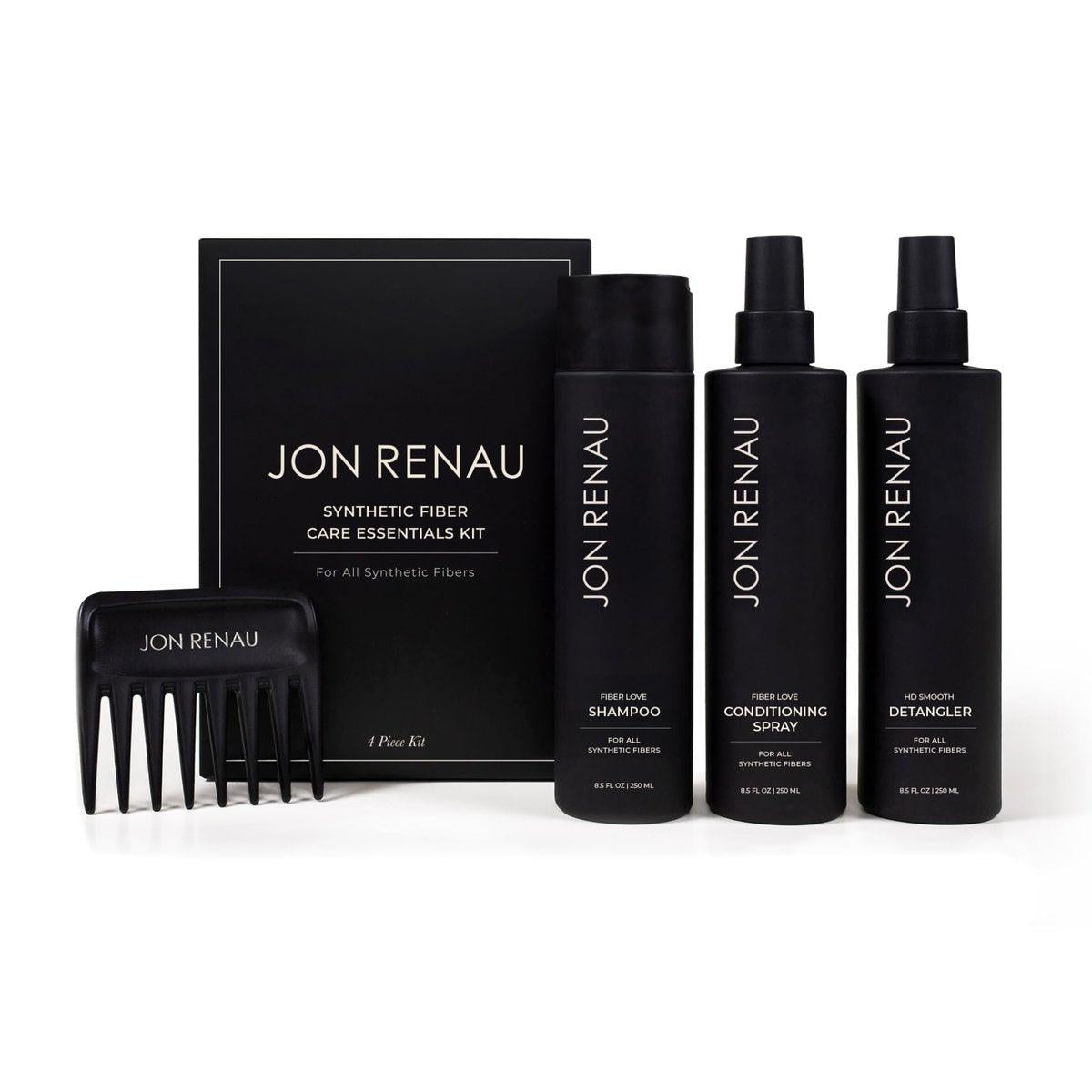 Jon Renau Pflegeset für Kunsthaarperücken und Extensions – Shampoo, Leave-In Conditioner, Entwirrungsspray und breitzinkiger Kamm, 4-teilig