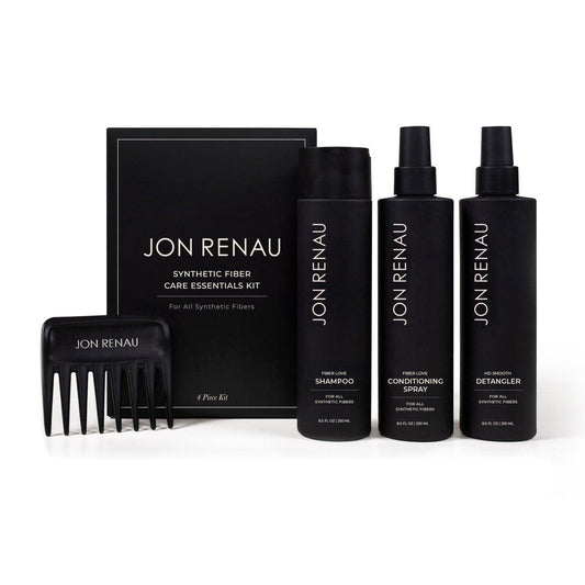 Jon Renau Pflegeset für Kunsthaarperücken und Extensions – Shampoo, Leave-In Conditioner, Entwirrungsspray und breitzinkiger Kamm, 4-teilig