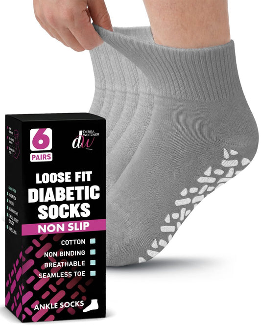 Debra Weitzner 6 Paar Nicht einschnürende Socken mit lockerer Passform - Rutschfeste Diabetikersocken für Damen und Herren - Knöchel-Crew Grau