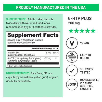 NatureWise 5-HTP 200 mg Kapseln – Stimmungsunterstützung & natürliches Schlafmittel für Erwachsene – Verzögerte Freisetzung, vegan – 60 Kapseln (2-Monats-Vorrat)