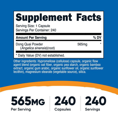 Nutricost Dong Quai 565mg, 240 Kapseln (Angelica Sinensis) – Vegetarische Kapseln, Non-GMO, Glutenfrei