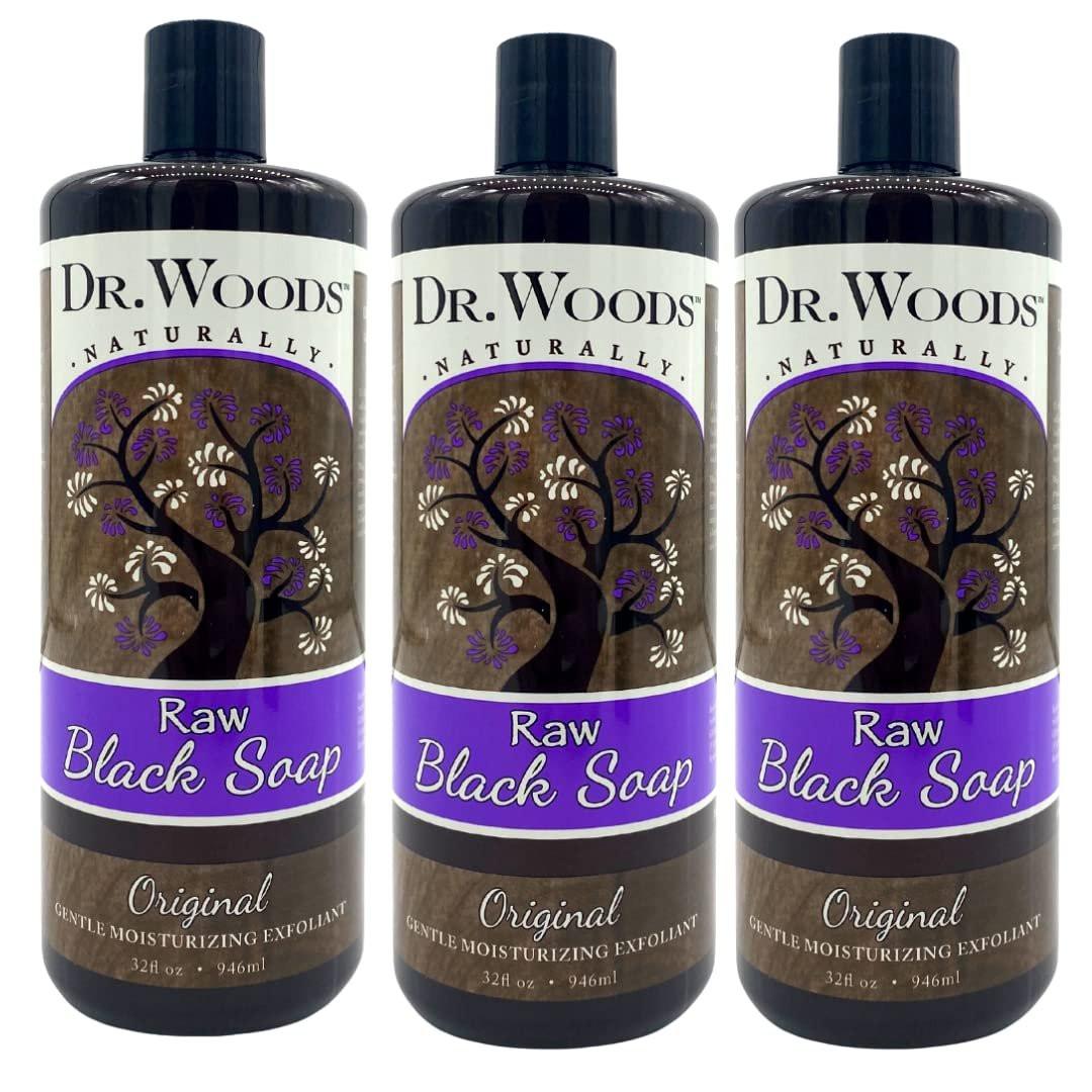 Dr. Woods Flüssige Rohschwarze Seife – Körperwäsche für Männer und Frauen, sanftes Peeling, natürlicher Reiniger für Gesicht, Hände und Körper – 3 x 946 ml (32 Fl Oz)
