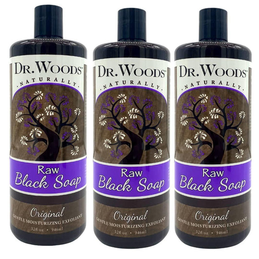 Dr. Woods Flüssige Rohschwarze Seife – Körperwäsche für Männer und Frauen, sanftes Peeling, natürlicher Reiniger für Gesicht, Hände und Körper – 3 x 946 ml (32 Fl Oz)
