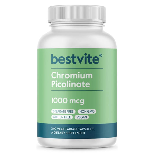 BESTVITE Chrompicolinat 1000mcg (240 vegane Kapseln) - Ohne Stearate - Vegan, Glutenfrei, Nicht-GVO - Mineralstoffpräparat - Unterstützt gesunden Stoffwechsel* - Leicht zu schluckende Kapseln