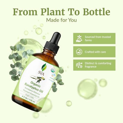 SVA Eukalyptus ätherisches Öl Bio – 118 ml – 100 % natürliches Bio-Eukalyptusöl – für Diffuser, Haare, Gesicht, Hautpflege, Aromatherapie, Kopfhaut- und Körpermassage, Seifen- und Kerzenherstellung – mit Pipette