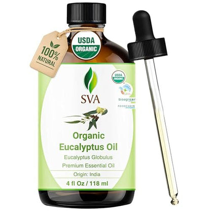 SVA Eukalyptus ätherisches Öl Bio – 118 ml – 100 % natürliches Bio-Eukalyptusöl – für Diffuser, Haare, Gesicht, Hautpflege, Aromatherapie, Kopfhaut- und Körpermassage, Seifen- und Kerzenherstellung – mit Pipette