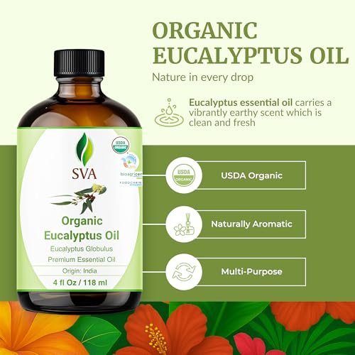 SVA Eukalyptus ätherisches Öl Bio – 118 ml – 100 % natürliches Bio-Eukalyptusöl – für Diffuser, Haare, Gesicht, Hautpflege, Aromatherapie, Kopfhaut- und Körpermassage, Seifen- und Kerzenherstellung – mit Pipette