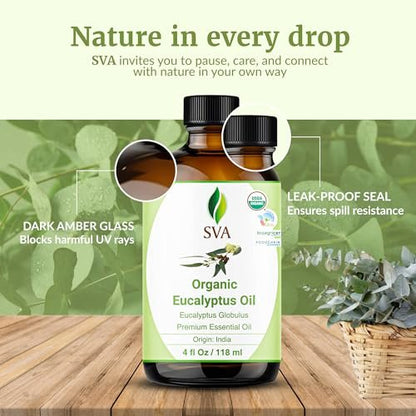 SVA Eukalyptus ätherisches Öl Bio – 118 ml – 100 % natürliches Bio-Eukalyptusöl – für Diffuser, Haare, Gesicht, Hautpflege, Aromatherapie, Kopfhaut- und Körpermassage, Seifen- und Kerzenherstellung – mit Pipette