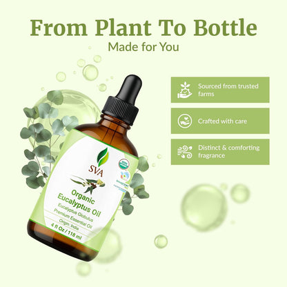 SVA Eukalyptus ätherisches Öl Bio – 118 ml – 100 % natürliches Bio-Eukalyptusöl – für Diffuser, Haare, Gesicht, Hautpflege, Aromatherapie, Kopfhaut- und Körpermassage, Seifen- und Kerzenherstellung – mit Pipette