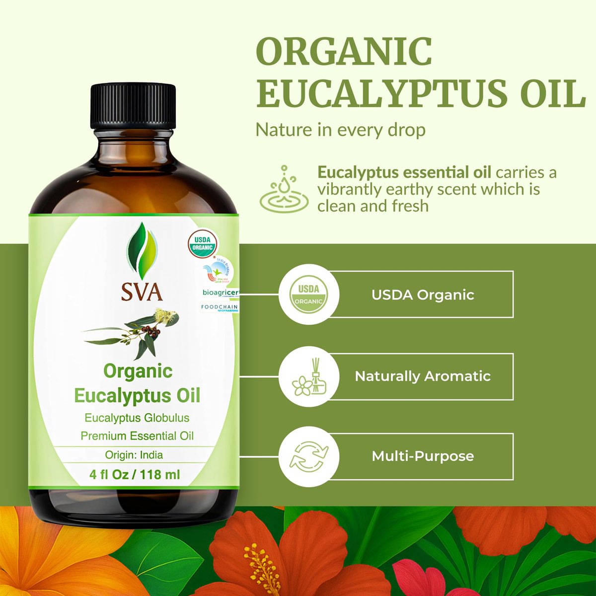 SVA Eukalyptus ätherisches Öl Bio – 118 ml – 100 % natürliches Bio-Eukalyptusöl – für Diffuser, Haare, Gesicht, Hautpflege, Aromatherapie, Kopfhaut- und Körpermassage, Seifen- und Kerzenherstellung – mit Pipette