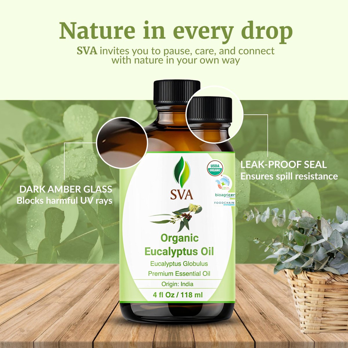 SVA Eukalyptus ätherisches Öl Bio – 118 ml – 100 % natürliches Bio-Eukalyptusöl – für Diffuser, Haare, Gesicht, Hautpflege, Aromatherapie, Kopfhaut- und Körpermassage, Seifen- und Kerzenherstellung – mit Pipette