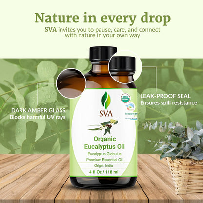 SVA Eukalyptus ätherisches Öl Bio – 118 ml – 100 % natürliches Bio-Eukalyptusöl – für Diffuser, Haare, Gesicht, Hautpflege, Aromatherapie, Kopfhaut- und Körpermassage, Seifen- und Kerzenherstellung – mit Pipette