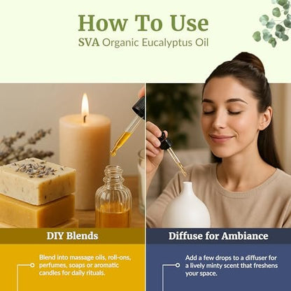 SVA Eukalyptus ätherisches Öl Bio – 118 ml – 100 % natürliches Bio-Eukalyptusöl – für Diffuser, Haare, Gesicht, Hautpflege, Aromatherapie, Kopfhaut- und Körpermassage, Seifen- und Kerzenherstellung – mit Pipette