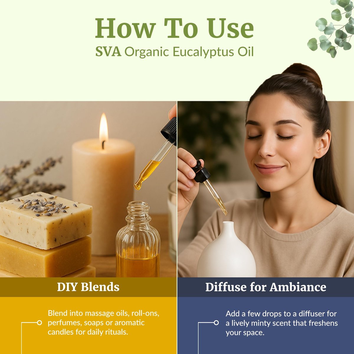 SVA Eukalyptus ätherisches Öl Bio – 118 ml – 100 % natürliches Bio-Eukalyptusöl – für Diffuser, Haare, Gesicht, Hautpflege, Aromatherapie, Kopfhaut- und Körpermassage, Seifen- und Kerzenherstellung – mit Pipette