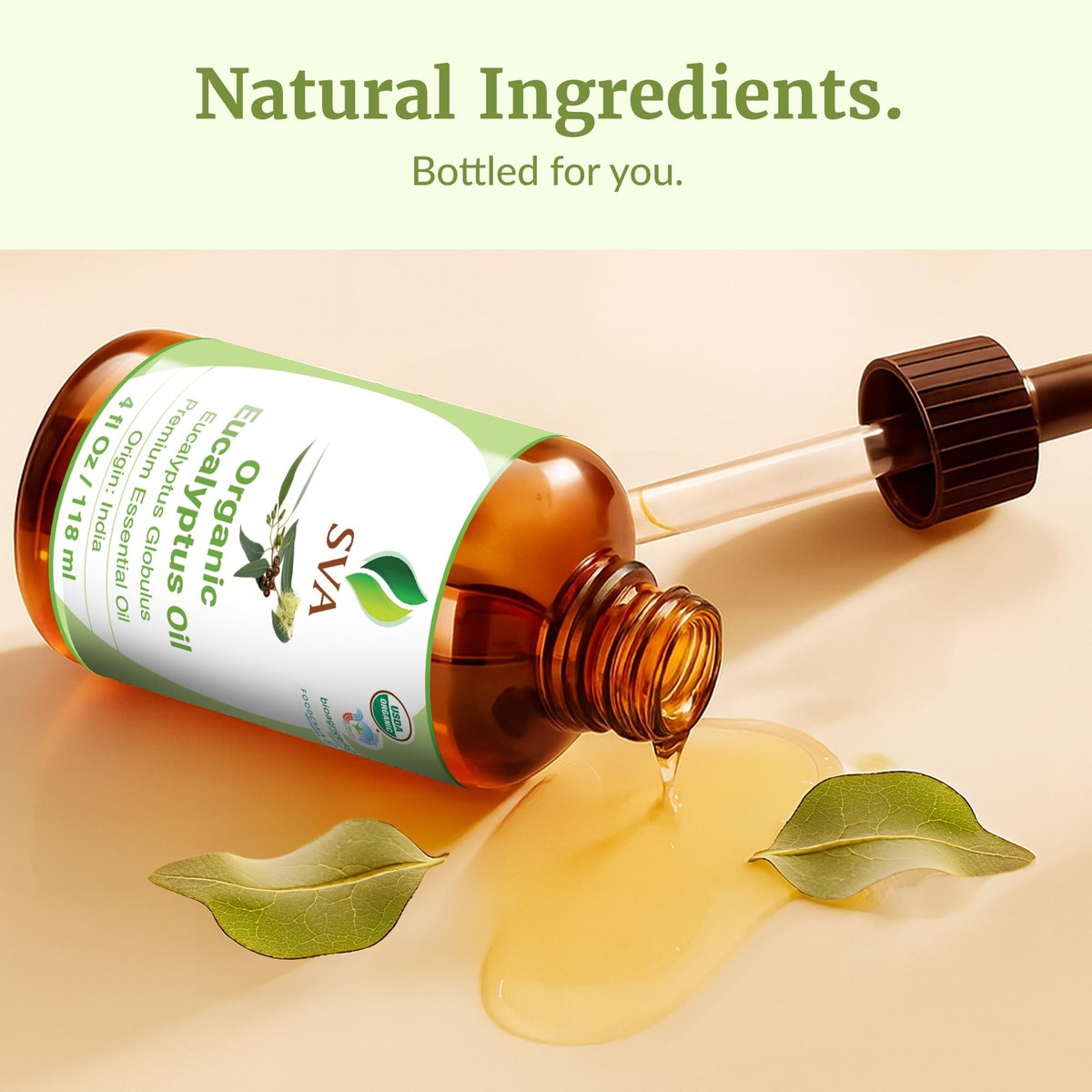 SVA Eukalyptus ätherisches Öl Bio – 118 ml – 100 % natürliches Bio-Eukalyptusöl – für Diffuser, Haare, Gesicht, Hautpflege, Aromatherapie, Kopfhaut- und Körpermassage, Seifen- und Kerzenherstellung – mit Pipette