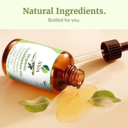 SVA Eukalyptus ätherisches Öl Bio – 118 ml – 100 % natürliches Bio-Eukalyptusöl – für Diffuser, Haare, Gesicht, Hautpflege, Aromatherapie, Kopfhaut- und Körpermassage, Seifen- und Kerzenherstellung – mit Pipette