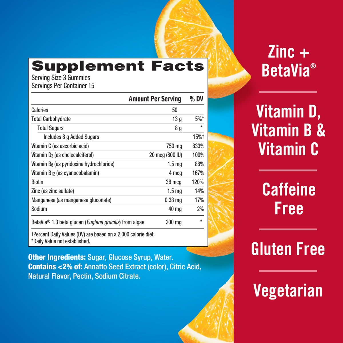 Emergen-C Immune+ Triple Action Immun-Boost Gummis mit BetaVia®, 1000 mg Vitamin C, B-Vitamine, Vitamin D und Antioxidantien, Super Orange, 45 Stück
