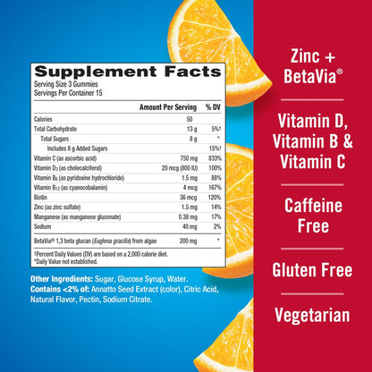 Emergen-C Immune+ Triple Action Immun-Boost Gummis mit BetaVia®, 1000 mg Vitamin C, B-Vitamine, Vitamin D und Antioxidantien, Super Orange, 45 Stück
