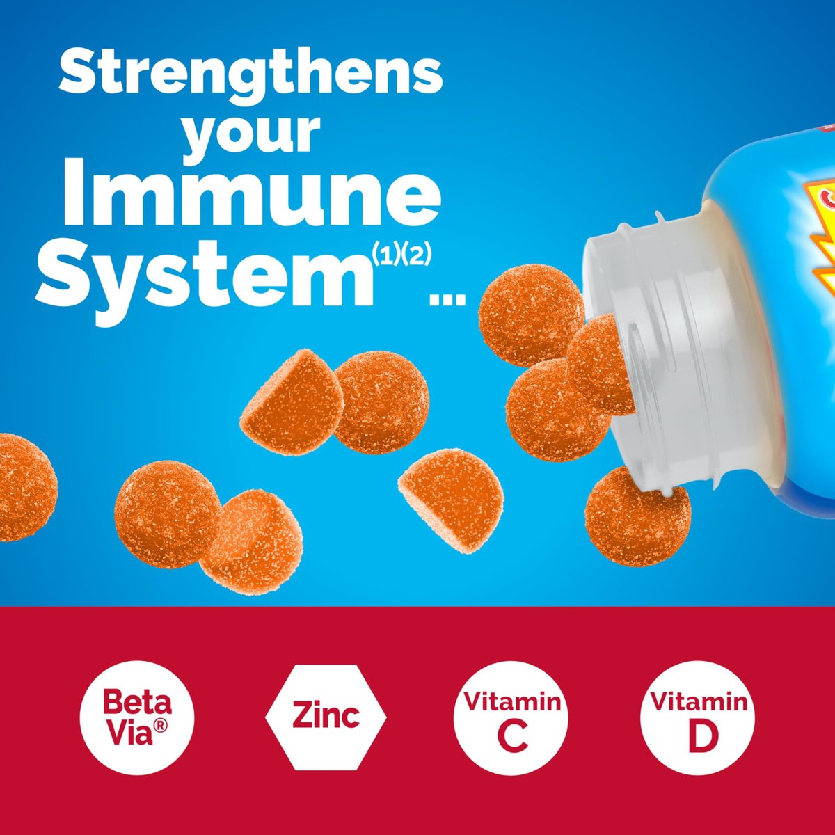 Emergen-C Immune+ Triple Action Immun-Boost Gummis mit BetaVia®, 1000 mg Vitamin C, B-Vitamine, Vitamin D und Antioxidantien, Super Orange, 45 Stück