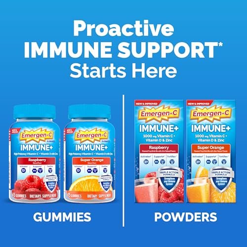 Emergen-C Immune+ Triple Action Immun-Boost Gummis mit BetaVia®, 1000 mg Vitamin C, B-Vitamine, Vitamin D und Antioxidantien, Super Orange, 45 Stück