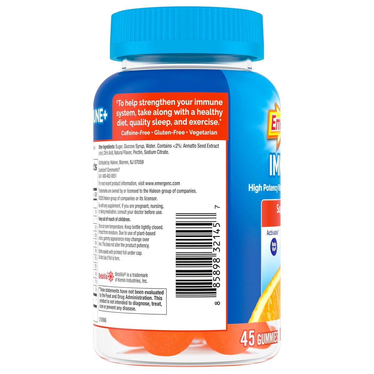 Emergen-C Immune+ Triple Action Immun-Boost Gummis mit BetaVia®, 1000 mg Vitamin C, B-Vitamine, Vitamin D und Antioxidantien, Super Orange, 45 Stück