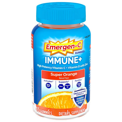 Emergen-C Immune+ Triple Action Immun-Boost Gummis mit BetaVia®, 1000 mg Vitamin C, B-Vitamine, Vitamin D und Antioxidantien, Super Orange, 45 Stück