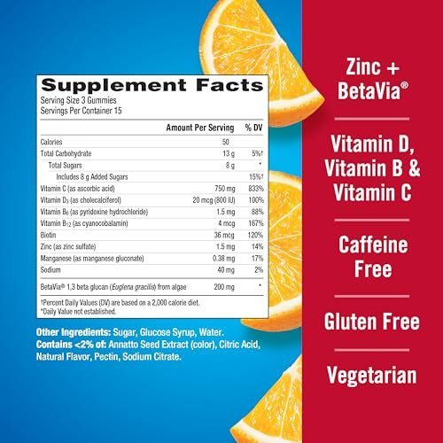 Emergen-C Immune+ Triple Action Immun-Boost Gummis mit BetaVia®, 1000 mg Vitamin C, B-Vitamine, Vitamin D und Antioxidantien, Super Orange, 45 Stück