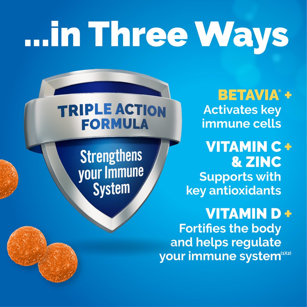 Emergen-C Immune+ Triple Action Immun-Boost Gummis mit BetaVia®, 1000 mg Vitamin C, B-Vitamine, Vitamin D und Antioxidantien, Super Orange, 45 Stück