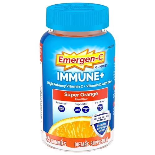 Emergen-C Immune+ Triple Action Immun-Boost Gummis mit BetaVia®, 1000 mg Vitamin C, B-Vitamine, Vitamin D und Antioxidantien, Super Orange, 45 Stück