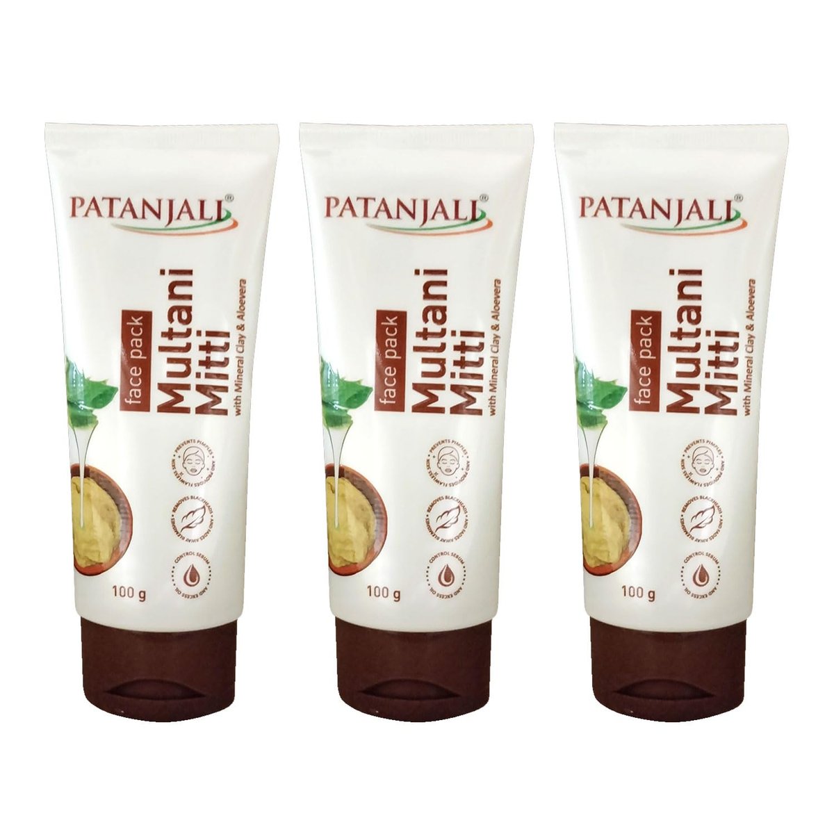 Patanjali Multani Mitti Gesichtspackung mit Mineralerde und Aloe Vera, 100g pro Packung, 3er-Pack
