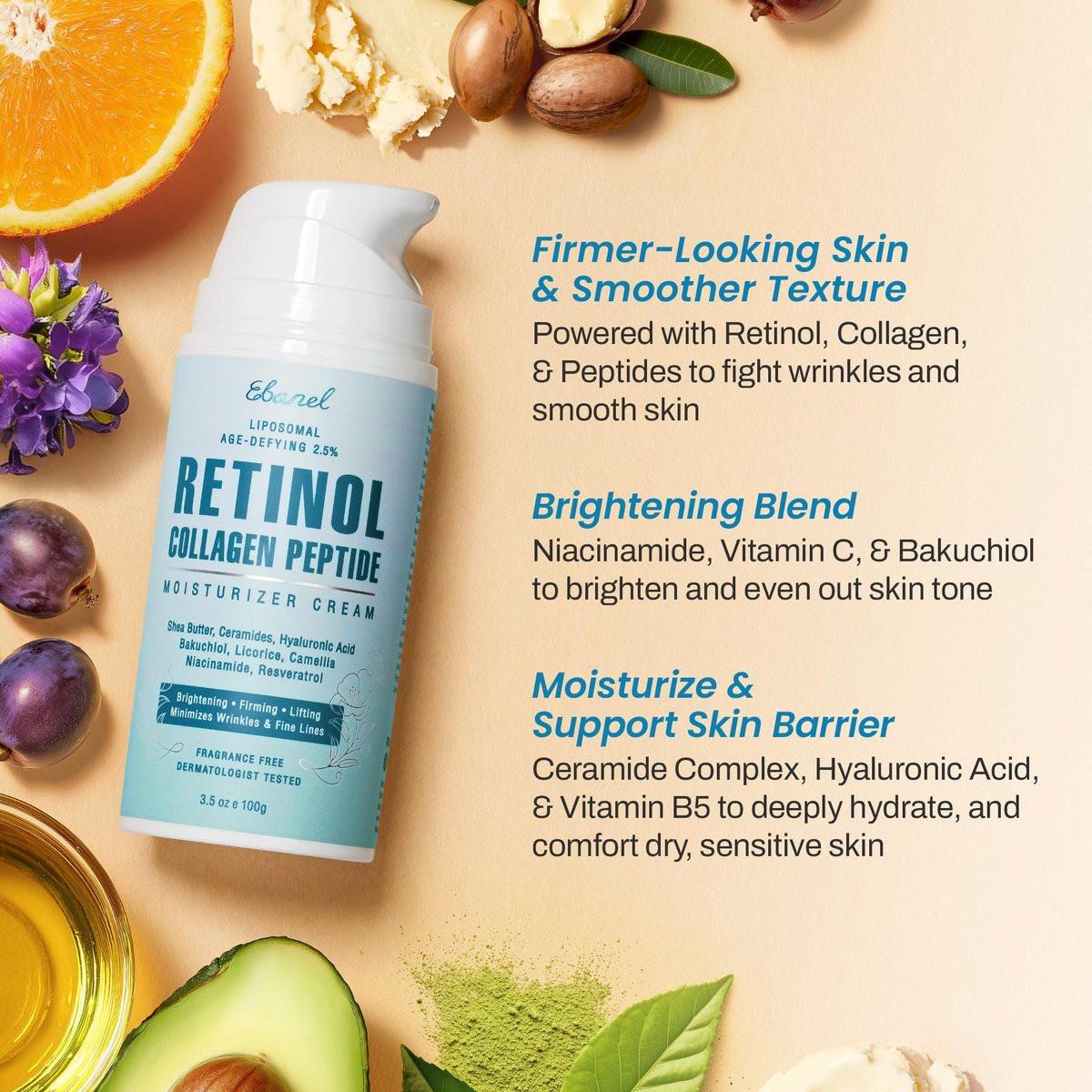 Ebanel Retinol-Creme für das Gesicht 3,5 oz – Feuchtigkeitscreme mit Kollagen, Peptiden, Ceramiden, Hyaluronsäure, Vitamin C & B5 – Festigende Anti-Aging-Gesichtscreme gegen Falten, feine Linien und dunkle Flecken – Tag & Nacht