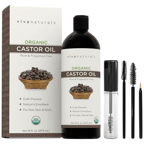 Viva Naturals Bio-Rizinusöl, kaltgepresst, 473 ml – Für Gesicht, Haare, Wimpern, USDA Bio, Nicht-GMO - mit Beauty-Kit
