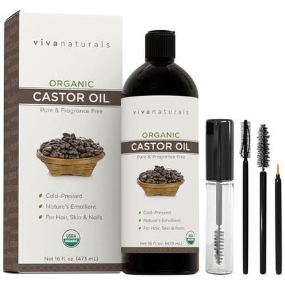 Viva Naturals Bio-Rizinusöl, kaltgepresst, 473 ml – Für Gesicht, Haare, Wimpern, USDA Bio, Nicht-GMO - mit Beauty-Kit