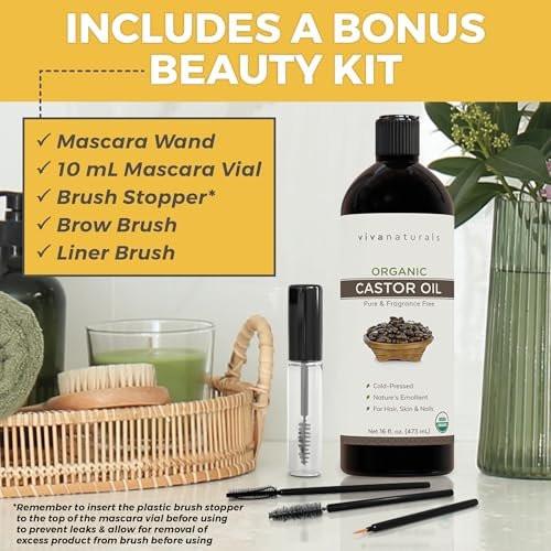 Viva Naturals Bio-Rizinusöl, kaltgepresst, 473 ml – Für Gesicht, Haare, Wimpern, USDA Bio, Nicht-GMO - mit Beauty-Kit