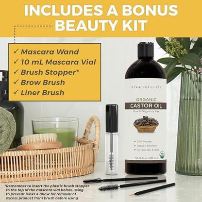 Viva Naturals Bio-Rizinusöl, kaltgepresst, 473 ml – Für Gesicht, Haare, Wimpern, USDA Bio, Nicht-GMO - mit Beauty-Kit