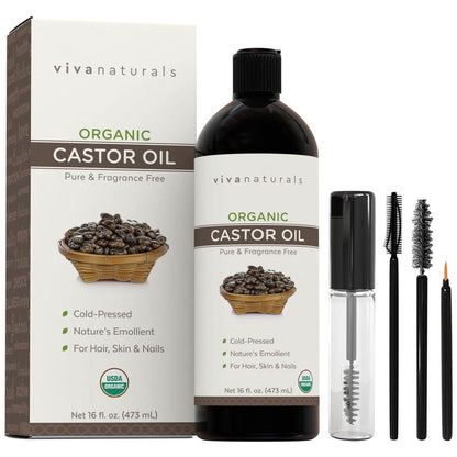Viva Naturals Bio-Rizinusöl, kaltgepresst, 473 ml – Für Gesicht, Haare, Wimpern, USDA Bio, Nicht-GMO - mit Beauty-Kit