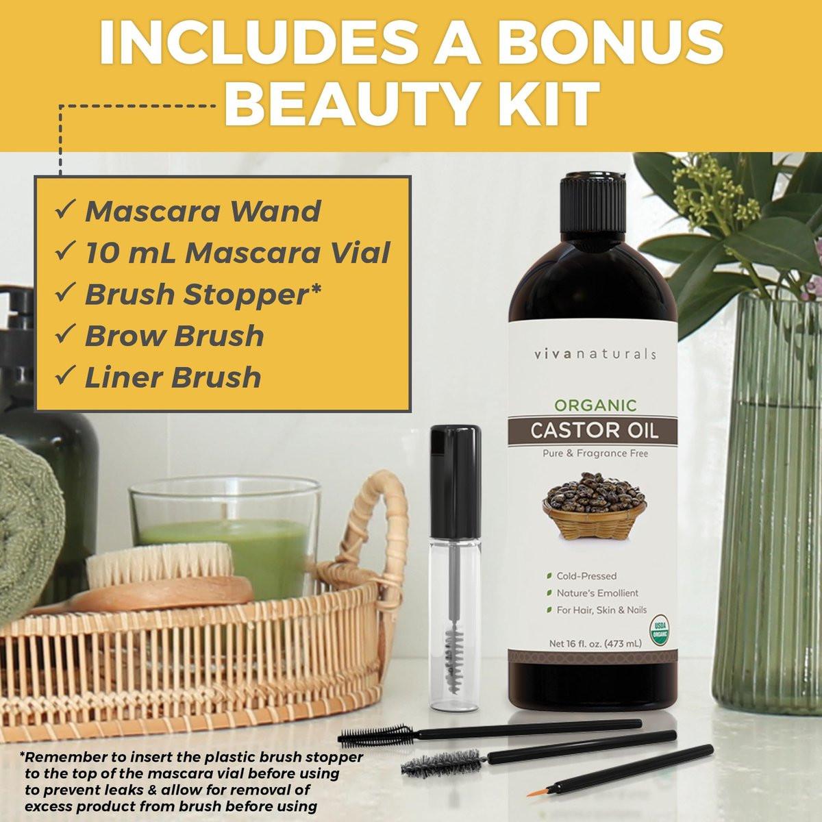 Viva Naturals Bio-Rizinusöl, kaltgepresst, 473 ml – Für Gesicht, Haare, Wimpern, USDA Bio, Nicht-GMO - mit Beauty-Kit