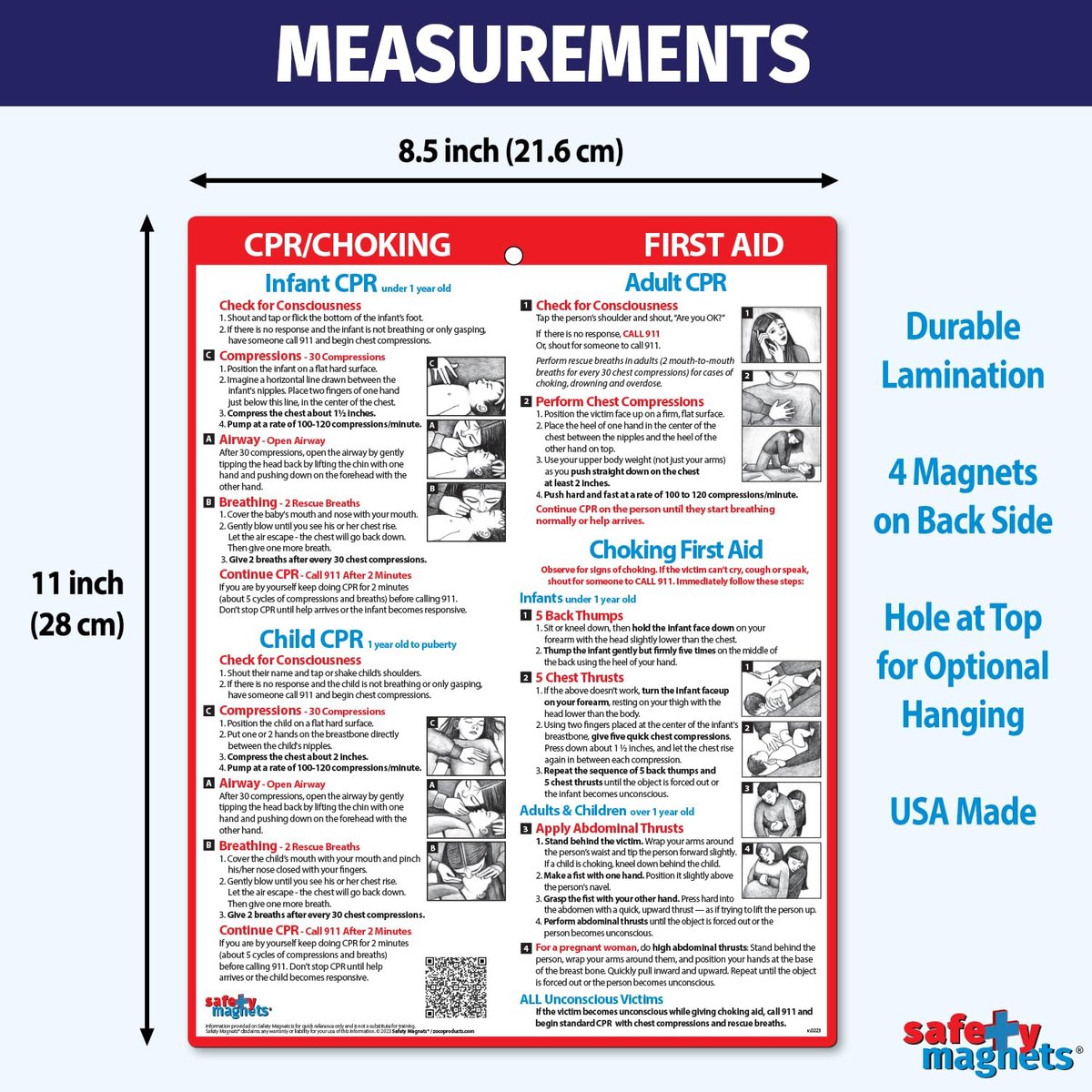 Sicherheitsmagnete von ZOCO – CPR & Ersticken Kühlschrankmagnet – Erste-Hilfe-Anleitung für Säuglinge, Kinder & Erwachsene – Heimlich-Manöver laminierte Karte 21,6 x 27,9 cm