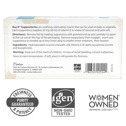 Carlson Key-E Zäpfchen, 30 IE Vitamin E, befeuchtet trockene Stellen, Behandlung für Frauen und Männer, vaginal & rektal, 24 Stück