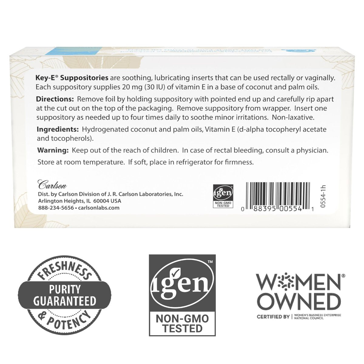 Carlson Key-E Zäpfchen, 30 IE Vitamin E, befeuchtet trockene Stellen, Behandlung für Frauen und Männer, vaginal & rektal, 24 Stück