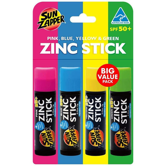 Sun Zapper Zinkoxid Mineralischer Sonnencreme-Stick – LSF 50+ wasserbeständig – 4er-Pack (Pink, Blau, Grün, Gelb) Regenbogenpack – Für Gesicht & Körper – Hergestellt in Australien