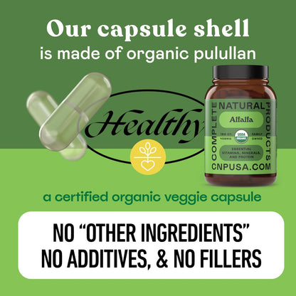 Complete Natural Products Reines Bio-Alfalfa-Blattpulver - 100 Kapseln - 450 mg reines, getrocknetes Bio-Alfalfa-Blattpulver in pflanzlichen Kapseln
