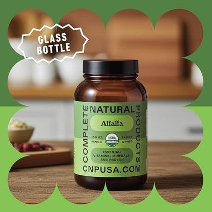Complete Natural Products Reines Bio-Alfalfa-Blattpulver - 100 Kapseln - 450 mg reines, getrocknetes Bio-Alfalfa-Blattpulver in pflanzlichen Kapseln