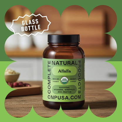 Complete Natural Products Reines Bio-Alfalfa-Blattpulver - 100 Kapseln - 450 mg reines, getrocknetes Bio-Alfalfa-Blattpulver in pflanzlichen Kapseln