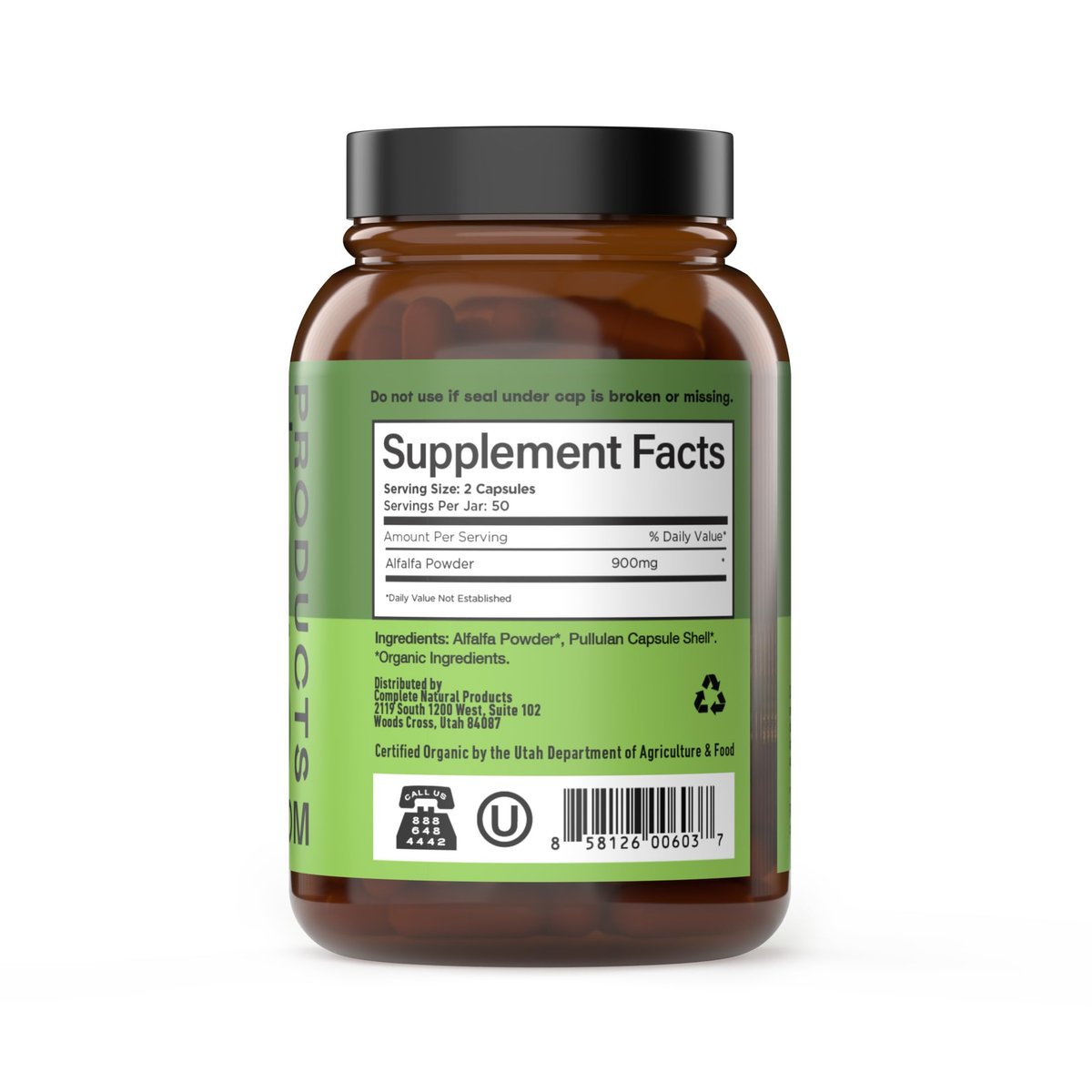 Complete Natural Products Reines Bio-Alfalfa-Blattpulver - 100 Kapseln - 450 mg reines, getrocknetes Bio-Alfalfa-Blattpulver in pflanzlichen Kapseln