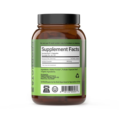 Complete Natural Products Reines Bio-Alfalfa-Blattpulver - 100 Kapseln - 450 mg reines, getrocknetes Bio-Alfalfa-Blattpulver in pflanzlichen Kapseln
