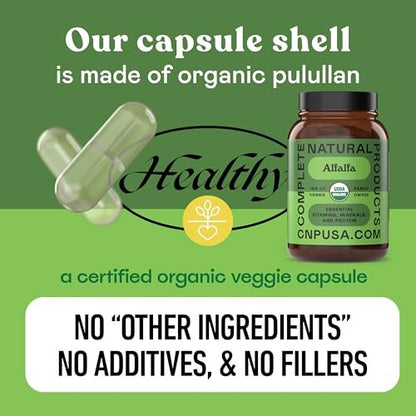 Complete Natural Products Reines Bio-Alfalfa-Blattpulver - 100 Kapseln - 450 mg reines, getrocknetes Bio-Alfalfa-Blattpulver in pflanzlichen Kapseln
